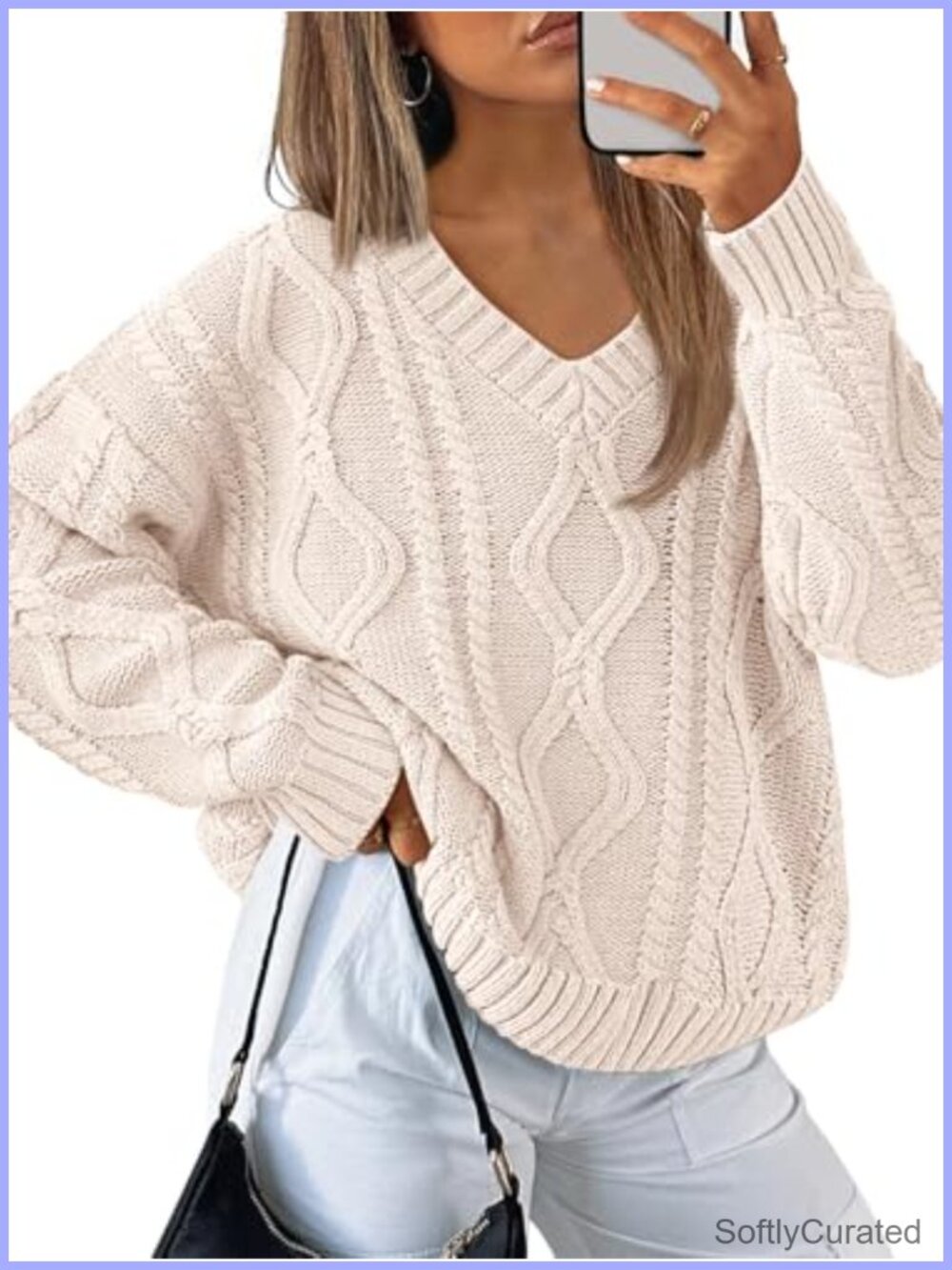Cable Knit V Neck Oversized Pullover Sweater Cotton Acrylic Fall